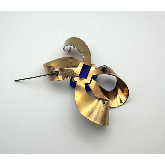 Vintage 1940s Retro Sterling Vermeil Bow Brooch with Blue Glass Stone - Picture 7 of 8